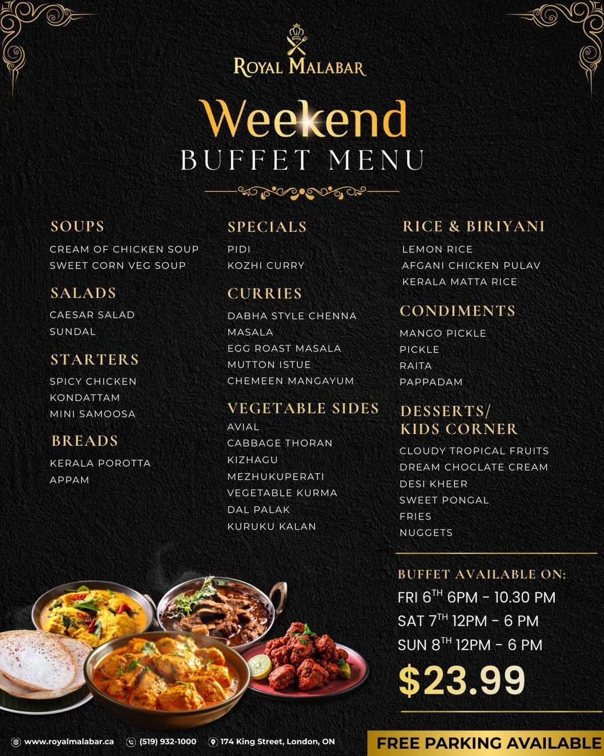 Weekend Buffet Menu at Royal Malabar London Ontario