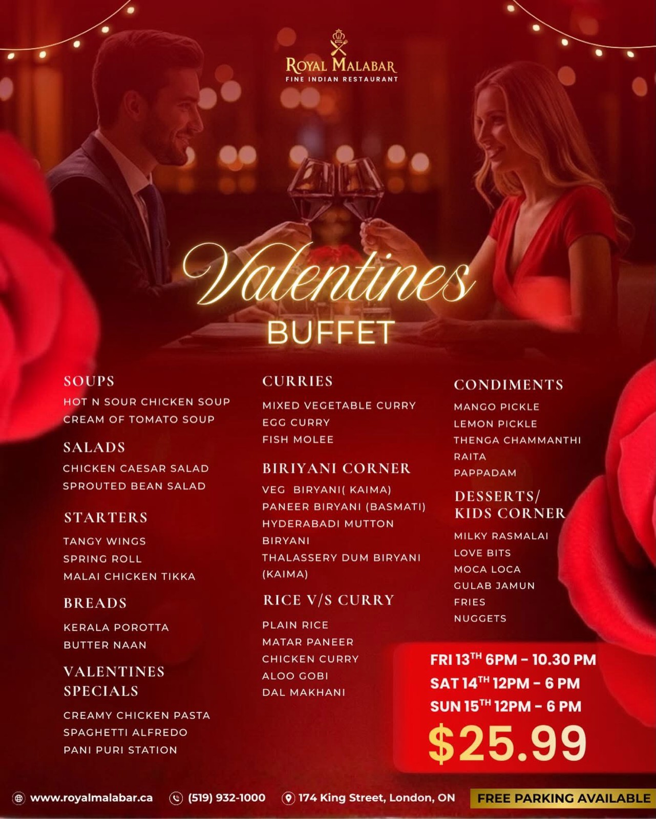 Valentine's Special 3-course dinner at Royal Malabar with red wine or mocktail in London Ontario